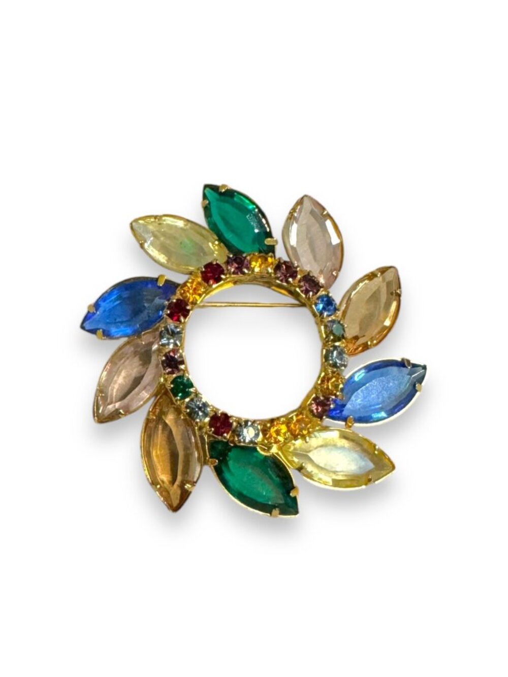Multicolor Crystal Flower Circle Brooch Cadmium Glass Glow Vintage